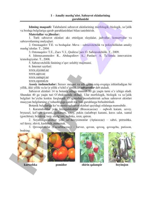 Amaliy mashg'ulot sabzavot ekinlarining guruhlanishi