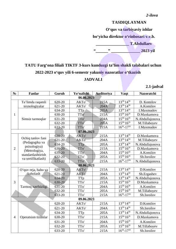 6-semestr yakuniy nazoratlar jadvallari 2022-2023