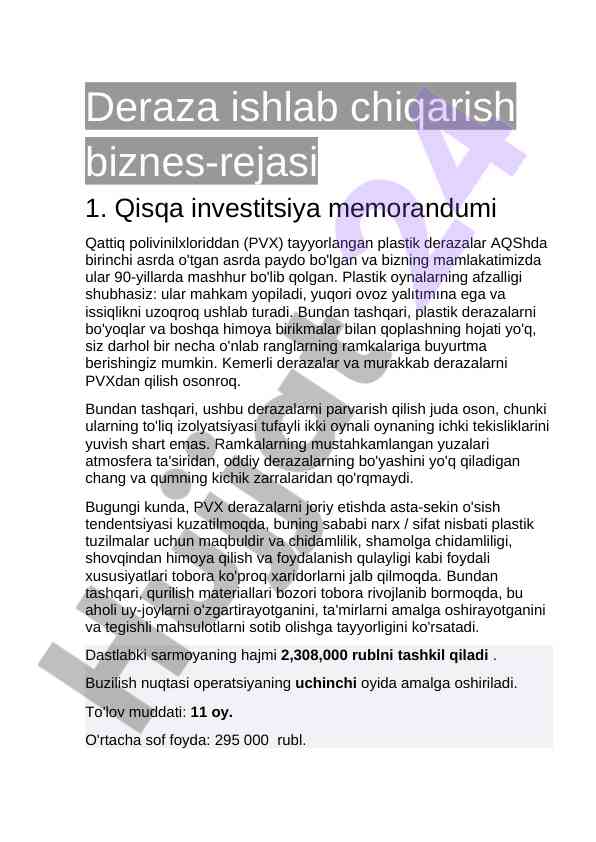 Deraza ishlab chqarish biznes-rejasi va investitsiya