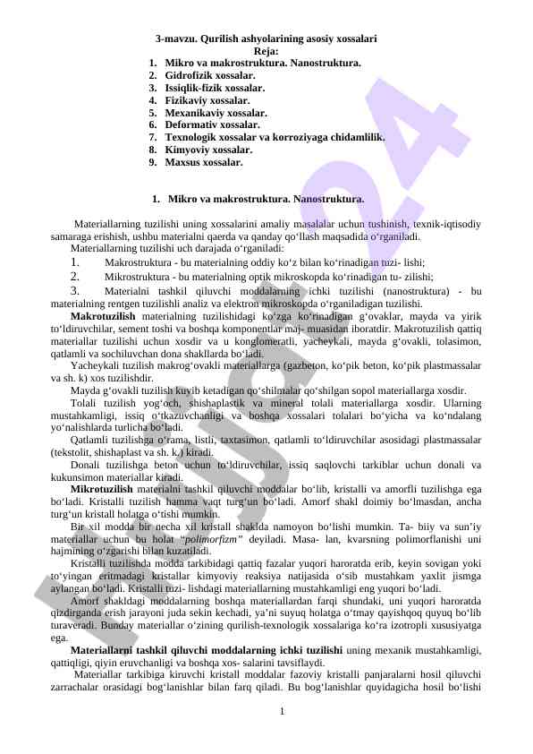Qurilish ashyolarining asosiy xossalari tahlili
