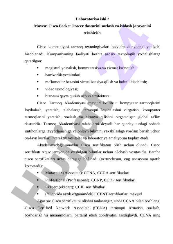 Cisco packet tracer dasturini sozlash va tekshirish