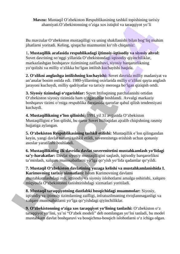 Mustaqil o‘zbekiston tashkil topish tarixi ahamiyati
