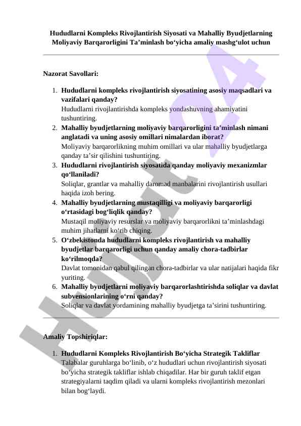 Hududlarni rivojlantirish siyosati va byudjet barqarorligi