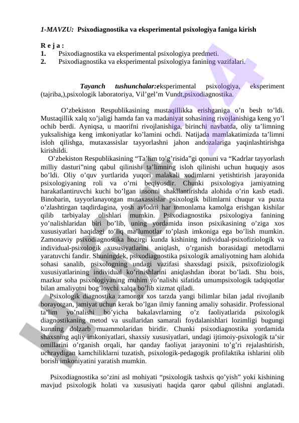 Psixodiagnostika va eksperimental psixologiya faniga kirish