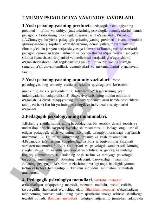 Yosh psixologiyasining predmeti va vazifalari