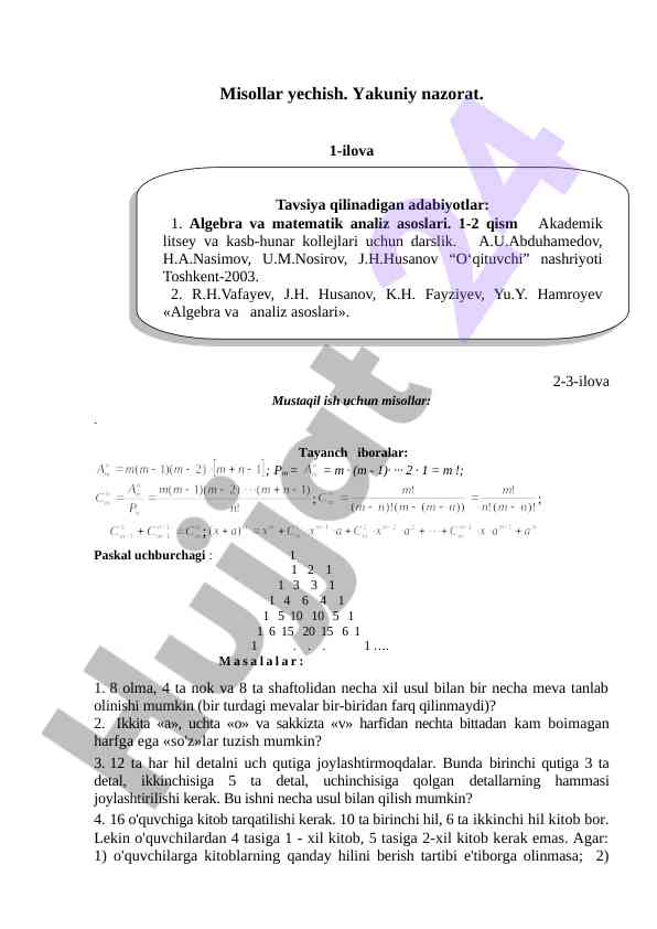 Misollar va ularning yechimlari bilan tanishuv