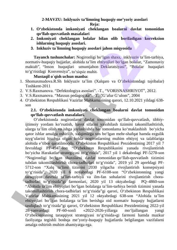 Inklyuziv ta’limning huquqiy-me’yoriy asoslari