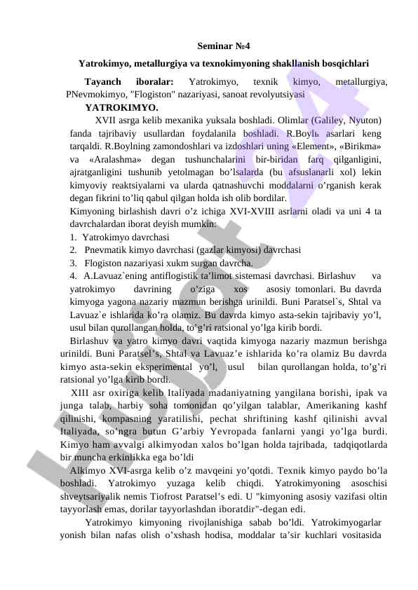Yatrokimyo va metallurgiya shakllanishi bosqichlari
