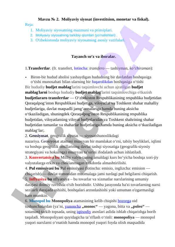 Moliyaviy siyosatning asosiy vazifalari