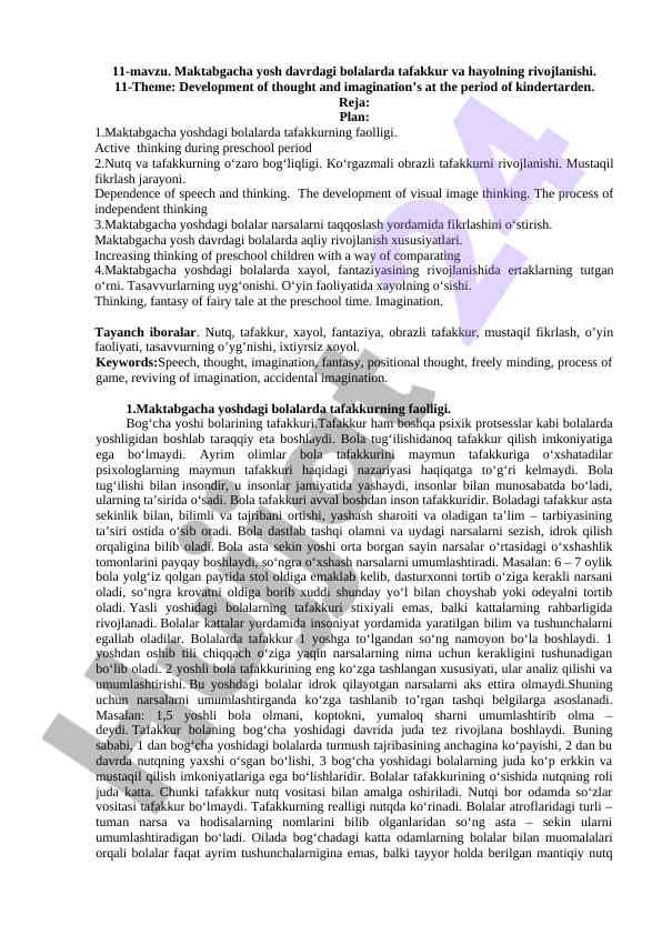 Maktabgacha yosh davrdagi bolalarda tafakkur rivojlanishi