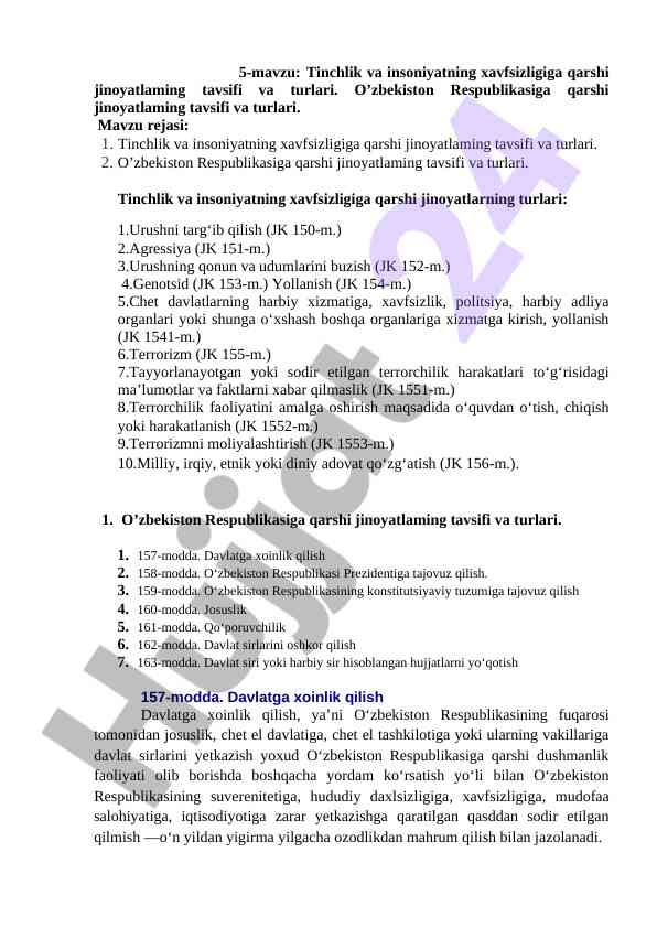 Tinchlik va insoniyatning xavfsizligi qarshi jinoyatlar