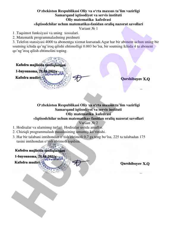 Matematika testlari iqtisodchilar uchun variant 1 2