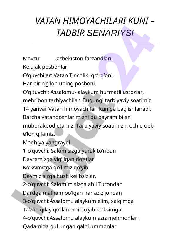 Vatan himoyachilari kuni tadbir senariysi