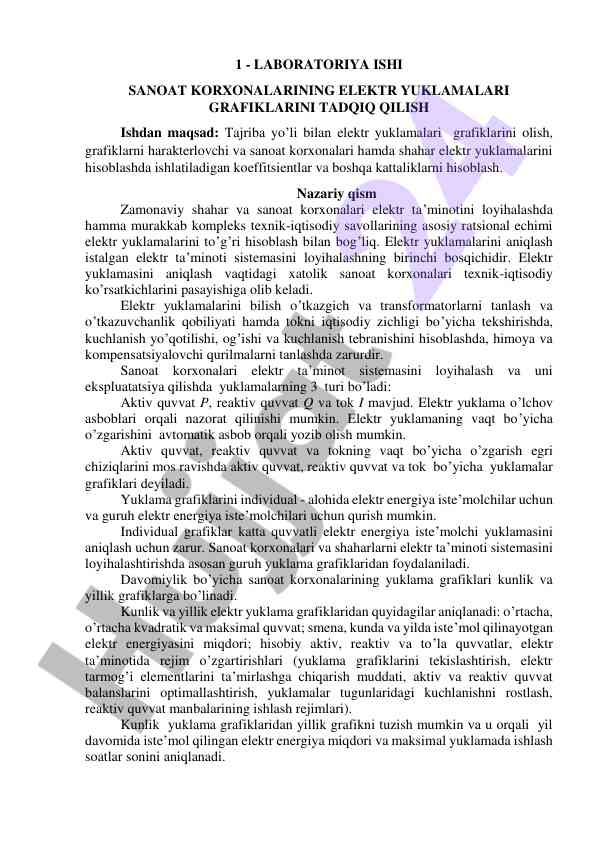 Elektr yuklamalari grafiklarini tahlil qilish