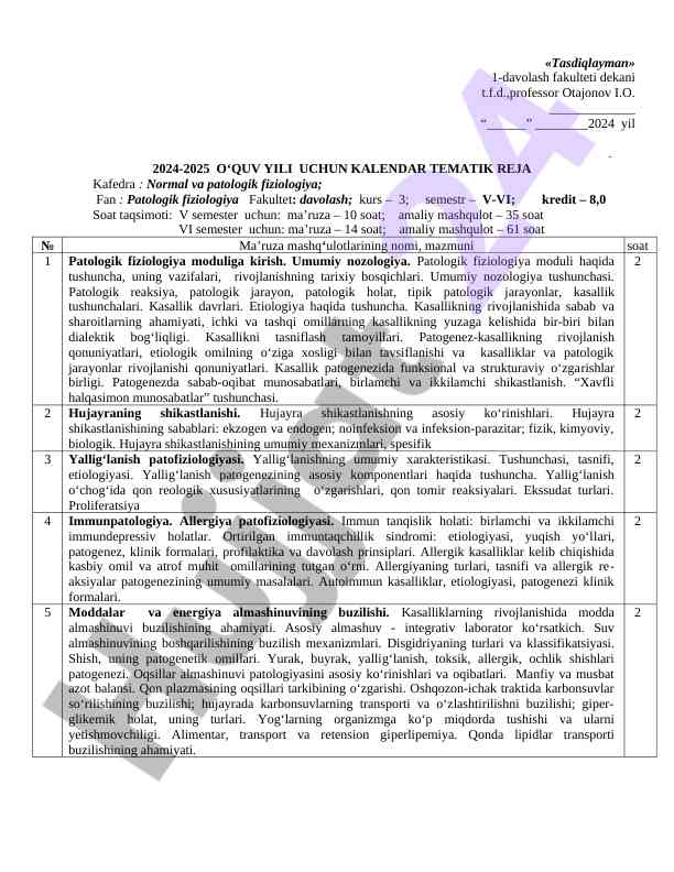 Patologik fiziologiya kalendar tematik reja