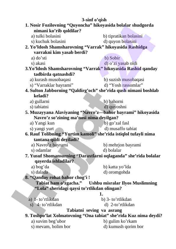 3-sinf o‘qish testlari va hikoyalar savollari