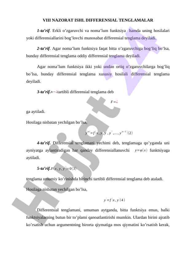 Differensial tenglamalar va ularning ta’riflari