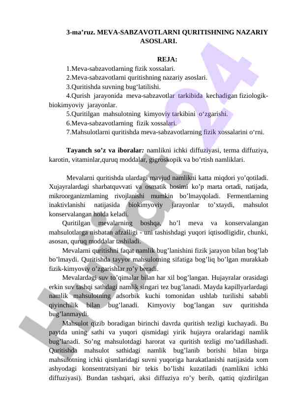 Meva-sabzavotlarni quritish nazariy asoslari
