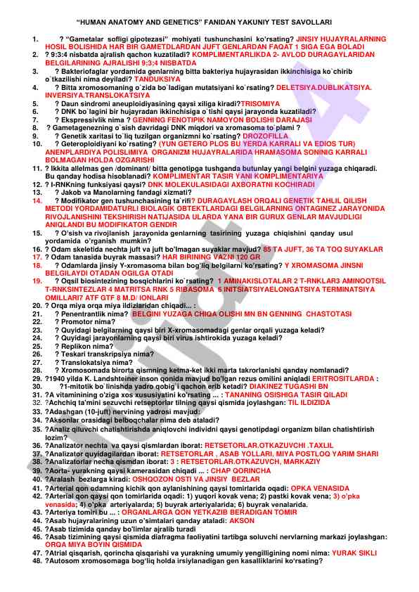 Human anatomy and genetics test questions