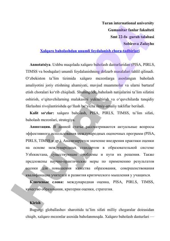 Xalqaro baholashdan foydalanish masalalari