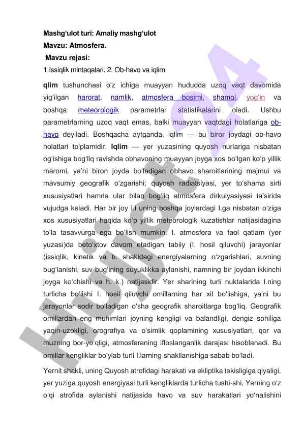 Atmosfera haqida dars ishlanmasi