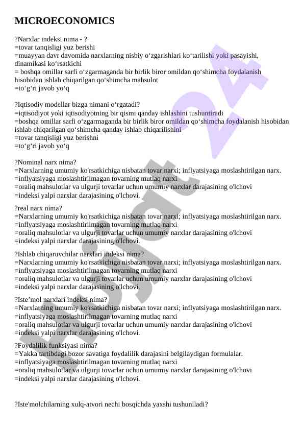 Microeconomics narxlar indeksi va iqtisodiy modellar