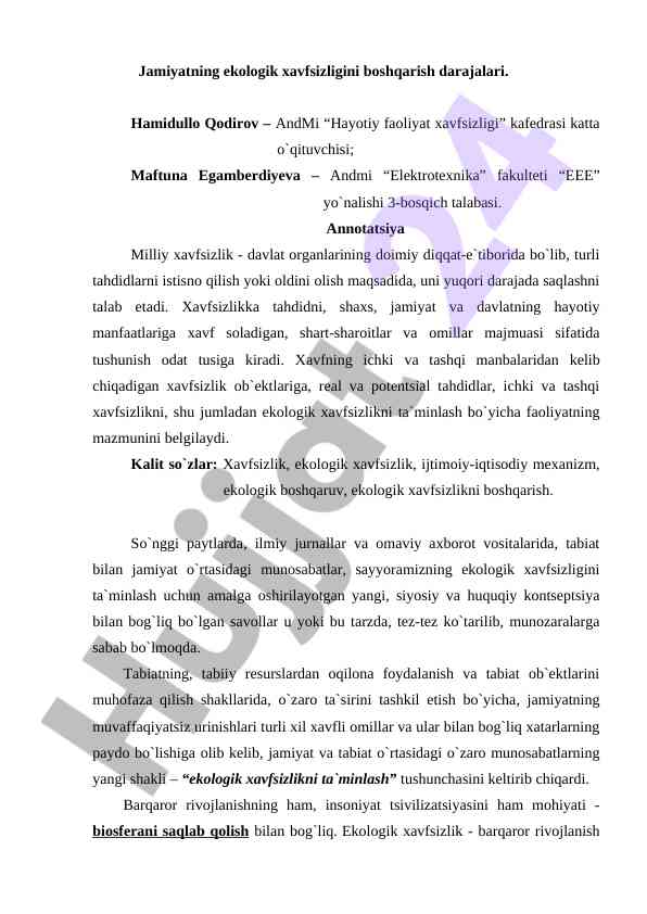 Ekologik xavfsizlikni boshqarish darajalari