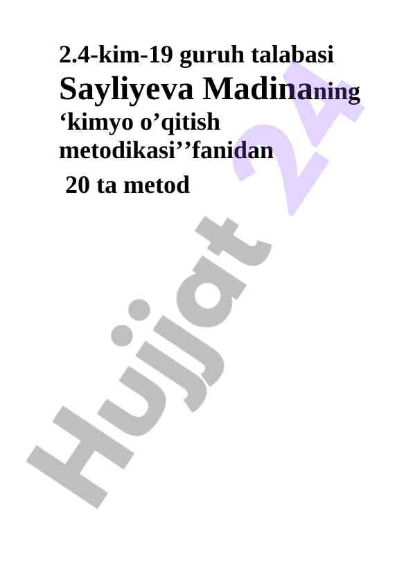 Kimyo o'qitish metodikasi bo'yicha topshiriqlar