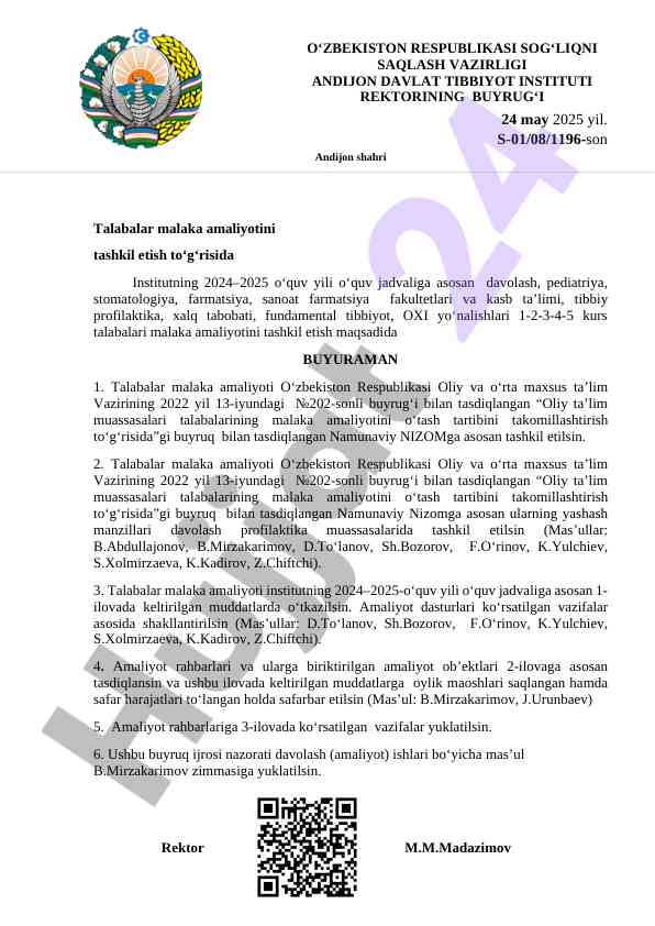 Talabalar malaka amaliyotini tashkil etish qoidalari