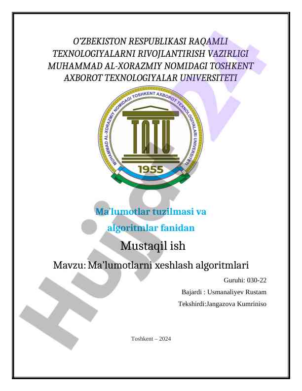 Malumotlarni xeshlash algoritmlari tahlili
