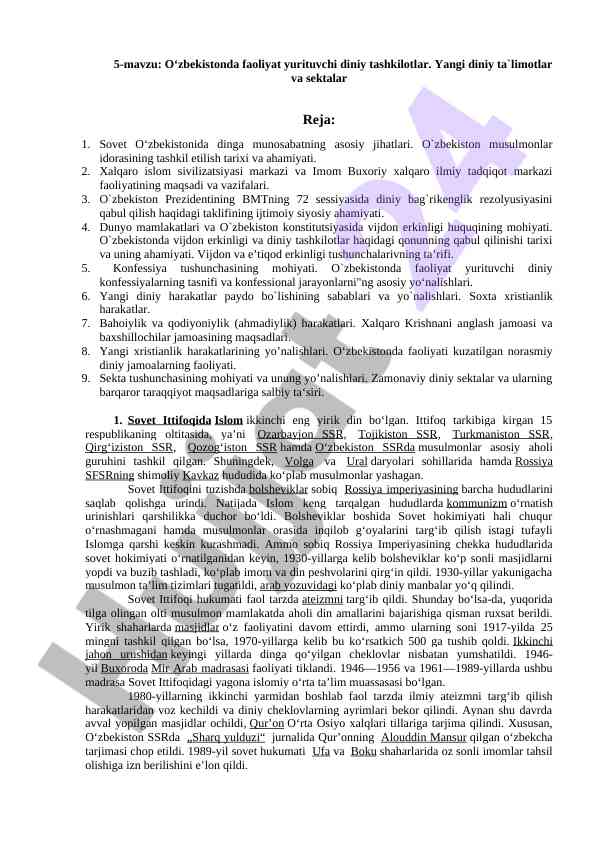 O‘zbekiston diniy tashkilotlari va ular faoliyati