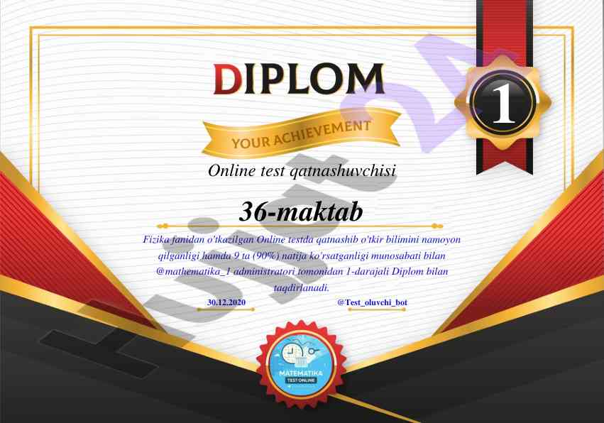 Fizika fanidan online test natijalari va diplomlar