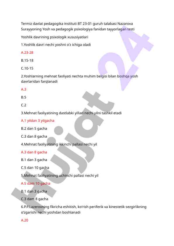 Yoshlik davrining psixologik xususiyatlari testi