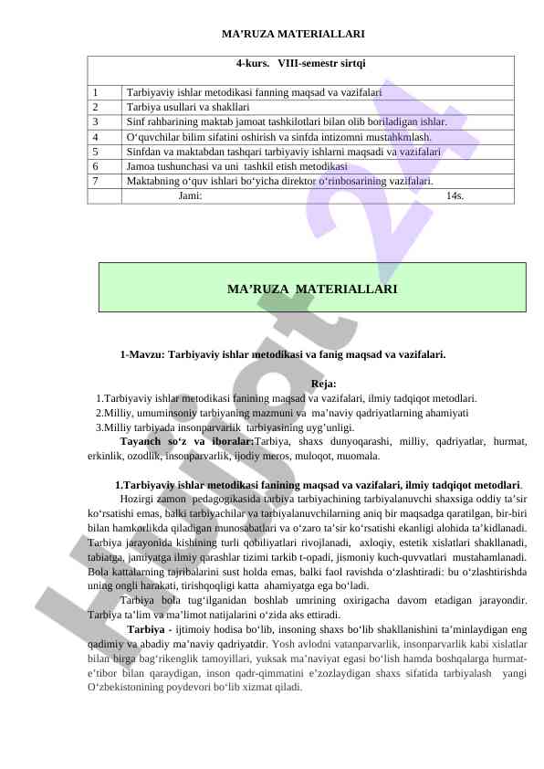 Tarbiyaviy ishlar metodikasi va faning maqsadlari