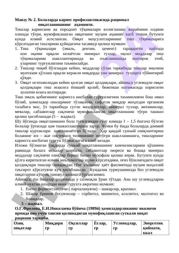 Кариес профилактикасида овқатланишнинг аҳамияти