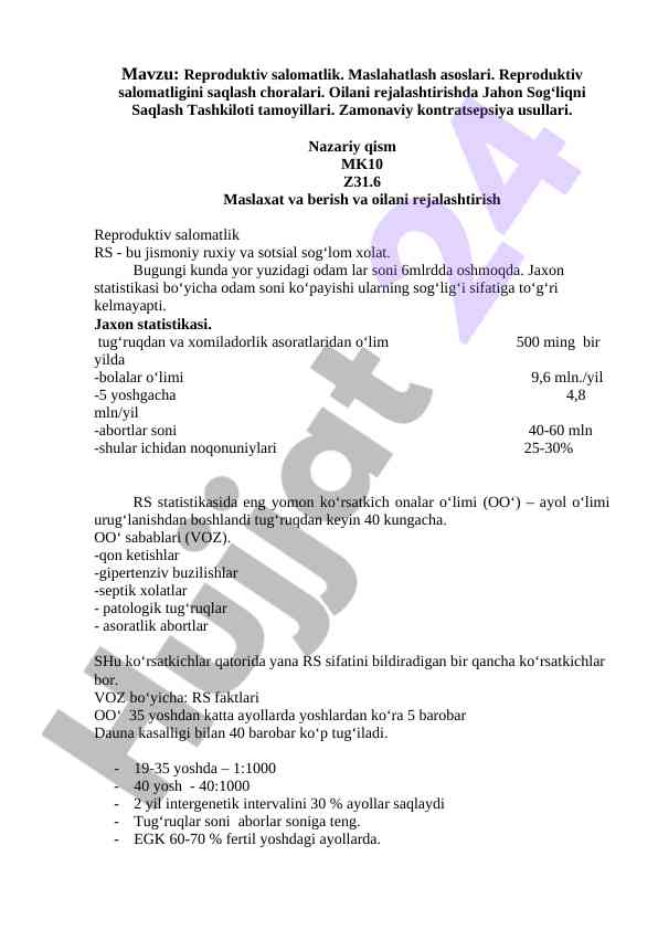 Reproduktiv salomatlik masalalari va usullari