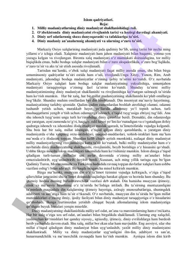 Islom qadriyatlari va milliy madaniyatlar