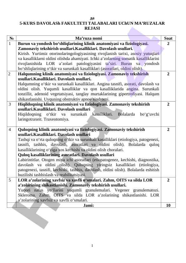 5-kurs davolash fakulteti talabalari uchun ma’ruzalar rejasi