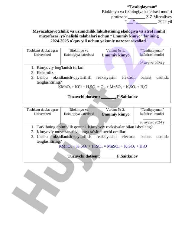 Umumiy kimyo fanining yakuniy nazorat savollari