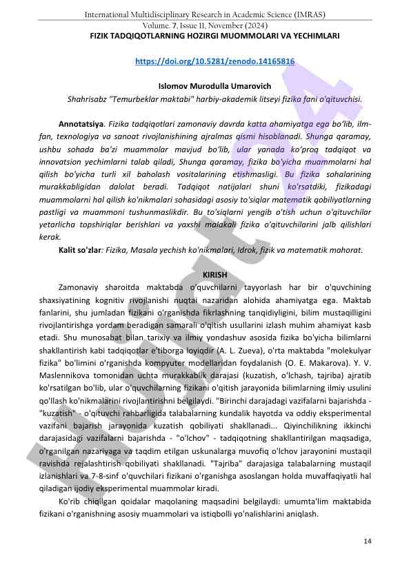 Fizika tadqiqotlarining hozirgi muammolari va yechimlari