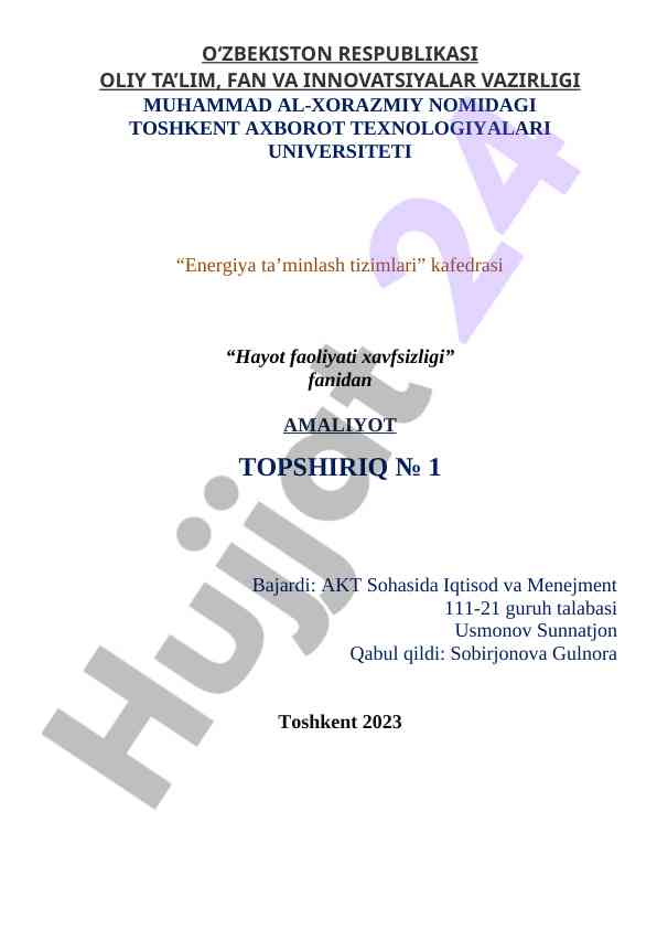 Energiya ta’minlash tizimlari fanidan amaliyot topshiriq