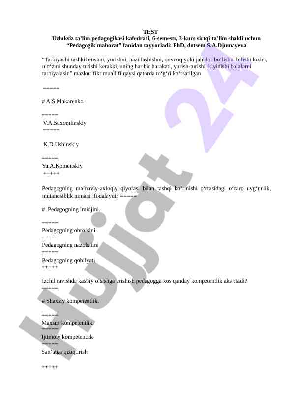 Pedagogik mahorat fanidan tayyorlangan test