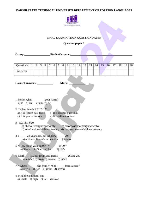 Final examination questions for language proficiency