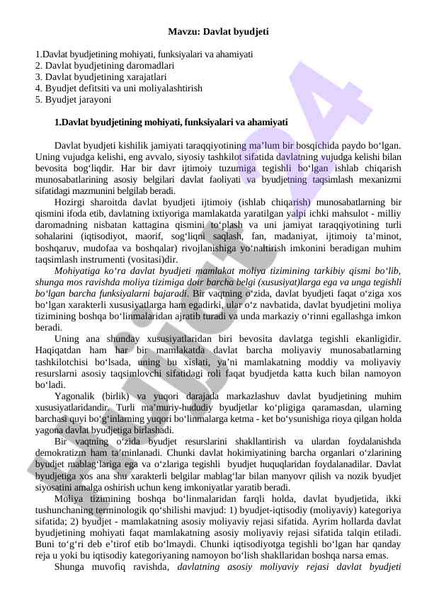 Davlat byudjeti mohiyati va funksiyalari