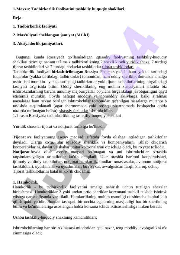 Tadbirkorlik faoliyatining tashkiliy huquqiy shakllari