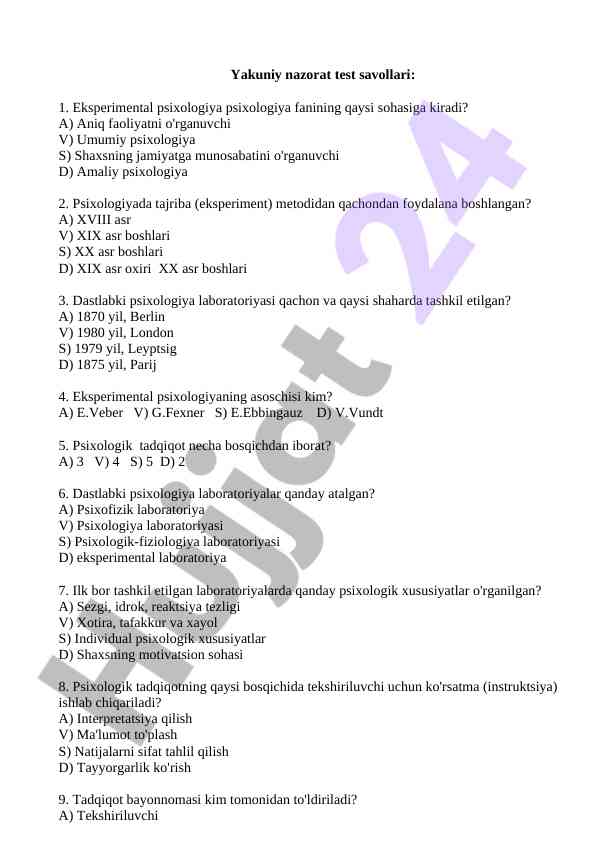 Eksperimental psixologiya test savollari