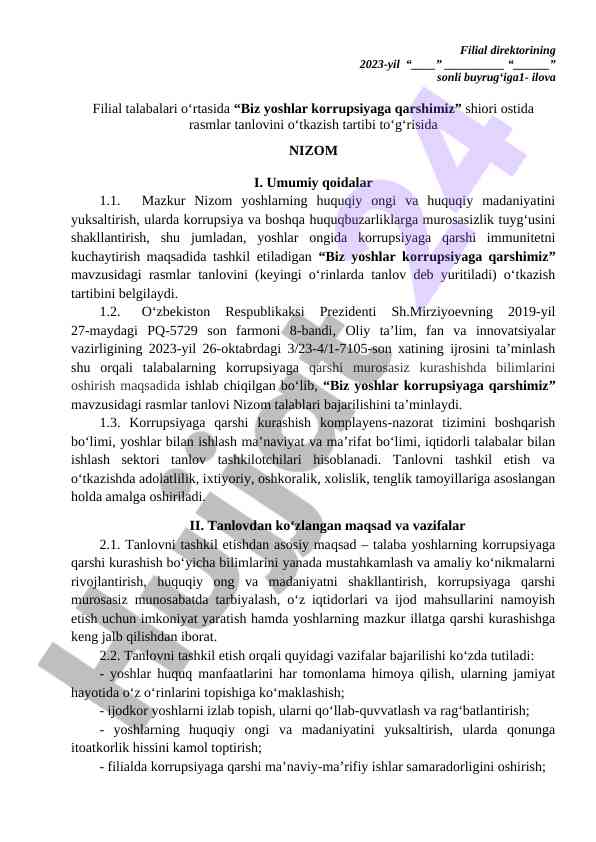Biz yoshlar korrupsiyaga qarshimiz tanlovi nizomi