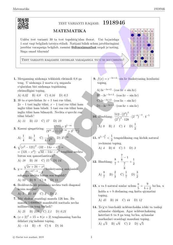 Matematika test varianti raqami 1918946