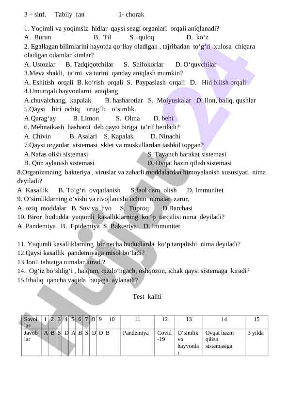 Tabiiy fanlar bo‘yicha savollar