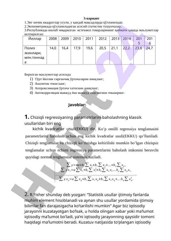 Eng kichik kvadratlar usuli va statistika tushunchalari